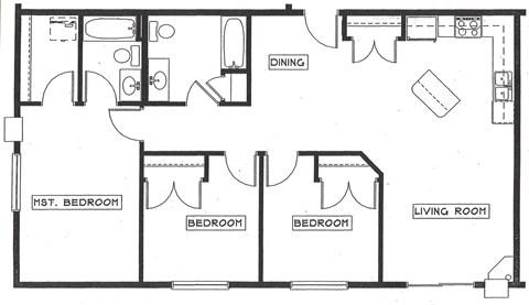 Floor plan for 3 beds, 2 baths, 1267 sqft